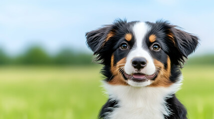 Fototapeta premium Happy puppy outdoors, green field background, pet portrait, ideal for pet adoption campaigns