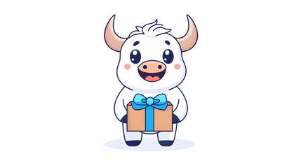 Obraz premium Happy white bull holding gift; simple background; for children's book illustration