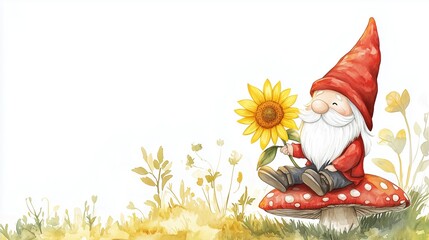 A cheerful gnome in a red hat sits on a mushroom, holding a sunflower amidst a whimsical garden scene.
