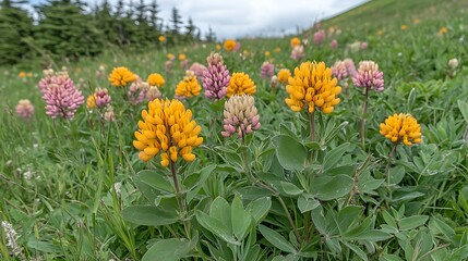 Obraz premium A meadow filled with tiny yellow and pink wildflowers.