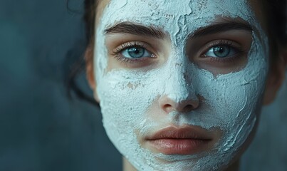 Fototapeta premium Beautician applying white clay mask to face of beautiful young woman in beauty salon. Spa treatments concept