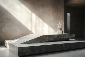 brutalist concrete display platform with angular shadows, textured stone surfaces in moody lighting, perfect for luxury product presentation