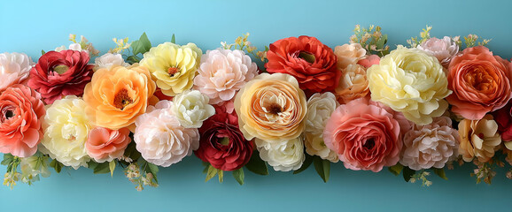 Pastel Ranunculus Floral Arrangement on Blue Background