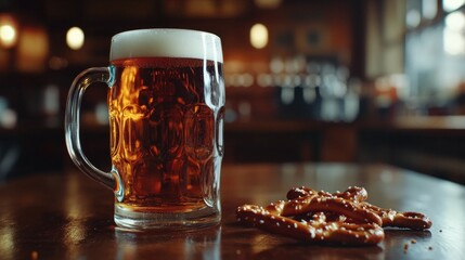 Beer and Pretzels on Table