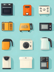 Kitchen appliances collection, overhead view, pastel background, website design