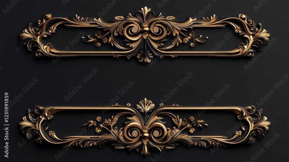 Poster game ui long button with thin gold frame. rectangular medieval border with golden metal ornament for