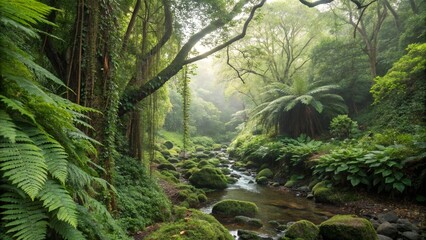 Hidden Stream in Tropical Forest with Ferns and Vines