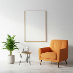 modern living room interior with orange chair and picture frame mockup. mockup picture frame on wall in minimalist bright interior with orange armchair, small table and houseplant.