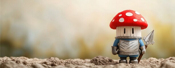 A whimsical character wearing a red mushroom cap stands on a textured surface, evoking a playful fantasy theme.