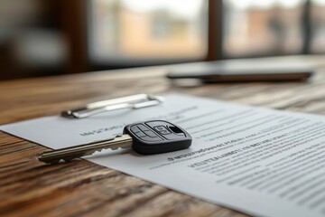 Car key resting on a vehicle sales contract on a wooden desk