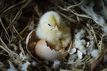 Fluffy yellow chick emerges from cracked eggshell, surrounded by small pieces of skin on straw bedding