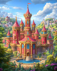Obraz premium Majestic pink castle overlooking hills, tranquil garden, fairytale setting; ideal for children's books