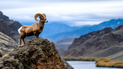 Obraz premium Majestic ram on rocky outcrop, river valley background, autumn landscape, wildlife photography