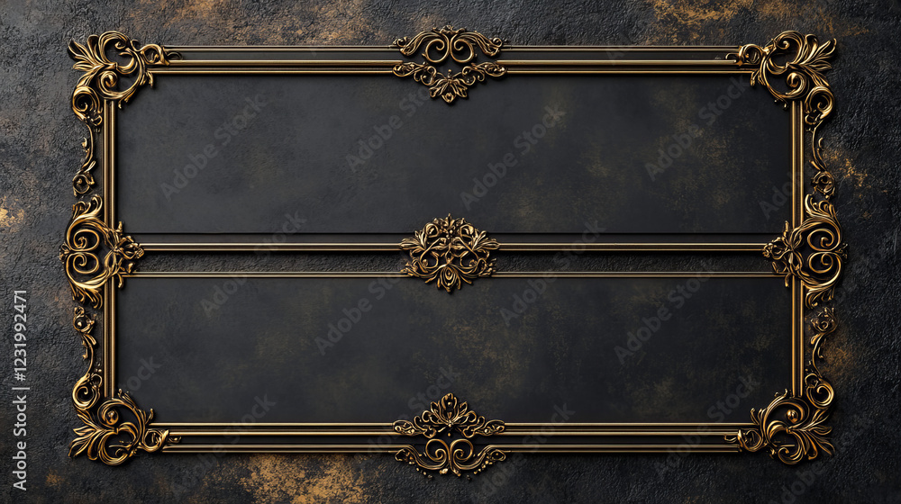 Poster game ui long button with thin gold frame. rectangular medieval border with golden metal ornament for