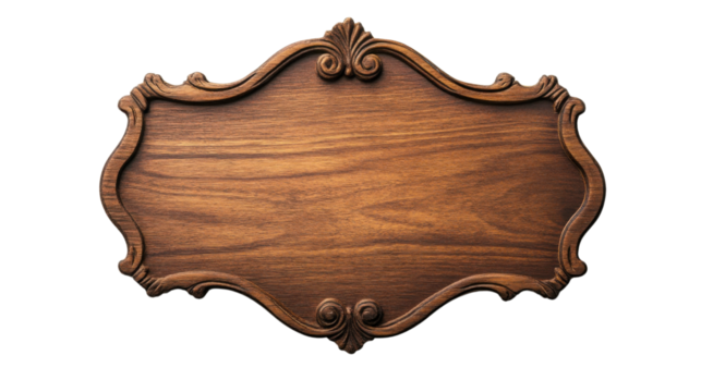 Elegant wooden sign with ornate frame on transparent background