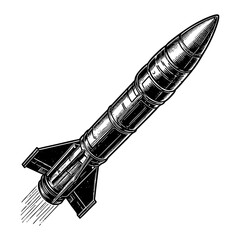 military missile rocket in mid-flight, featuring detailed metallic textures and propulsion flames sketch engraving generative ai PNG illustration. Scratch board imitation. Black and white image.
