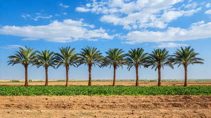 Fototapeta premium Palm trees line a field under a blue sky; agriculture