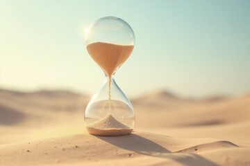 Disintegrating Sand Clock in Serene Desert Landscape, Minimalist Photorealistic Style with Muted Beige and Pale Blue Tones