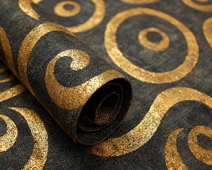 Rolled dark fabric with gold swirl pattern.