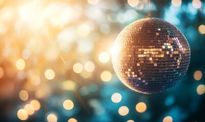 Disco ball reflecting golden light against bokeh background, perfect for party or celebration visuals