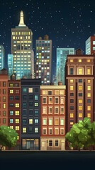 Night city skyline, illuminated buildings, park trees, starry sky; urban backdrop for websites