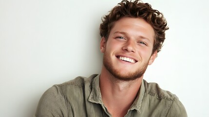 Obraz premium A young man with curly hair smiles warmly against a light background.