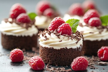 Delicious chocolate cupcakes decorated with whipped cream, raspberries, and chocolate shavings