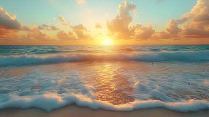 Fototapeta premium Orange And Yellow Sunset Over Calm Ocean Waves On Sandy Beach