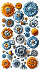 Orange and blue gears mechanism, intricate design, engineering, industrial background, perfect for mechanical design projects
