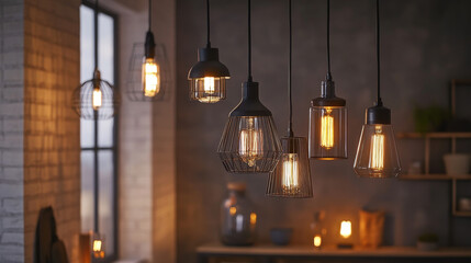 Obraz premium Lamp lights and chandelier bulbs for interior design, vector isolated realistic elements. Modern or vintage retro, lamp lights hanging from ceiling, home decor led lamps of glass, plastic and metal