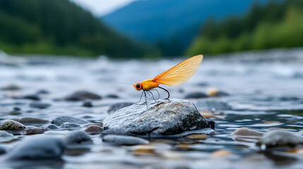 Fototapeta premium Orange fly fishing lure on river rock, mountains background; fishing, nature imagery