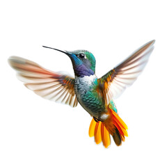 Obraz premium A vibrant, colorful hummingbird in mid-flight against a white background, showcasing its beautiful feathers in stunning detail.