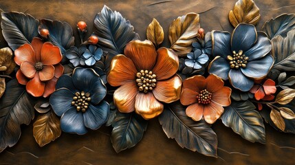 Intricate floral relief carving in bronze and copper hues.
