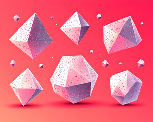 Pink geometric shapes float on a coral background; abstract design for tech or presentation