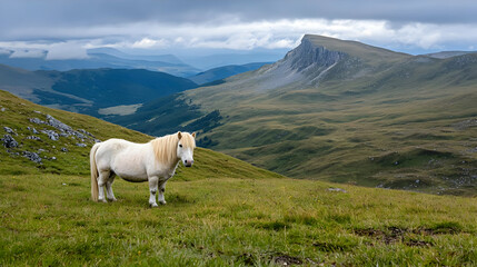 Palomino pony grazing mountain pasture, scenic background
