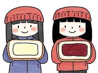 Children holding jelly sandwiches outdoor picnic cartoon style cheerful atmosphere transparent background