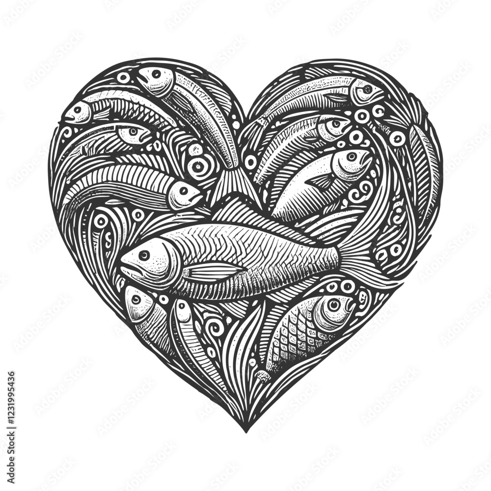 Poster heart shape symbol made of fish sketch engraving generative ai vector illustration. scratch board im