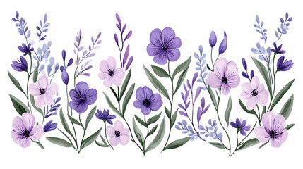 Purple and lavender flowers border, floral design, white background, nature illustration, perfect for invitations