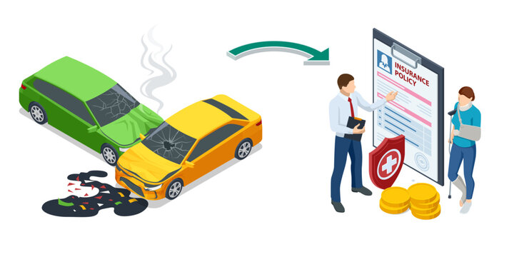 A yellow and green car crashed, causing injuries. A professional explains an insurance policy to an injured woman with a sling. Isometric vector illustration