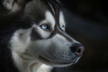 close-up portrait of a noble dog with soulful eyes, rich fur texture detail, dramatic side lighting creating depth and character