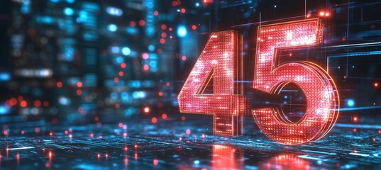3D Rendered, Neon Glowing Number 45 on a Futuristic, Digital Background with City Lights