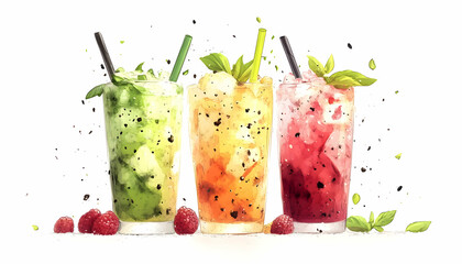 Refreshing fruit cocktails with raspberries and basil, summer drinks, white background, ideal for menu or advertisement