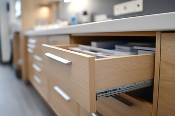Modern kitchen drawer with sleek handles open