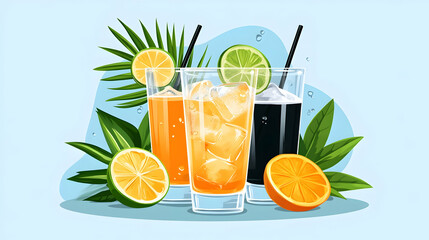 Refreshing summer drinks with citrus fruits and tropical leaves.  Perfect for menus, websites, and advertisements
