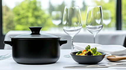 Restaurant table setting black pot, veggie bowl, wine glasses, blurred green background