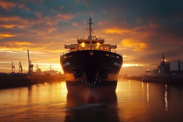 Fototapeta premium Cargo ship navigating through vibrant sunset harbor