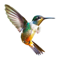 Fototapeta premium A vibrant hummingbird in mid-flight with iridescent feathers, captured against a white background, showcasing nature's beauty and agility.