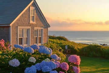 coastal cottage with weathered shingles, blooming hydrangeas, golden sunset light