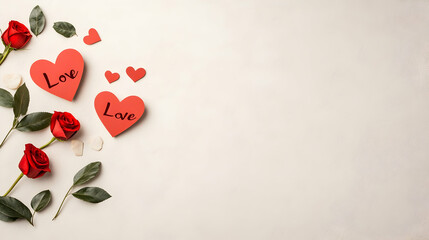 Romantic red roses and hearts on white background; Valentine's Day card design