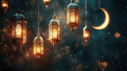Obraz premium Softly Glowing Islamic Lanterns with Crescent Moon and Stars – Minimalist Design